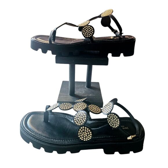 Jon Josef Gold Rivet Circle Black Calf Leather Flatform Sandals, Sz 9 - Picture 2 of 7